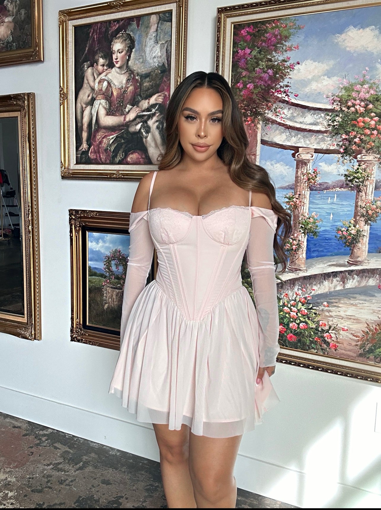 Cora Long Sleeve Mini Corset Dress - Soft Pink S Cora Long Sleeve Mini Corset Dress - Soft Pink S