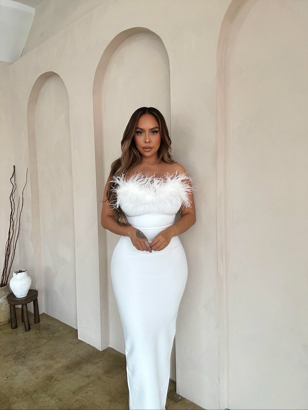 white bandage dress White Pearl Bandage Midi Dress for Women, Bodycon Collection, Size M