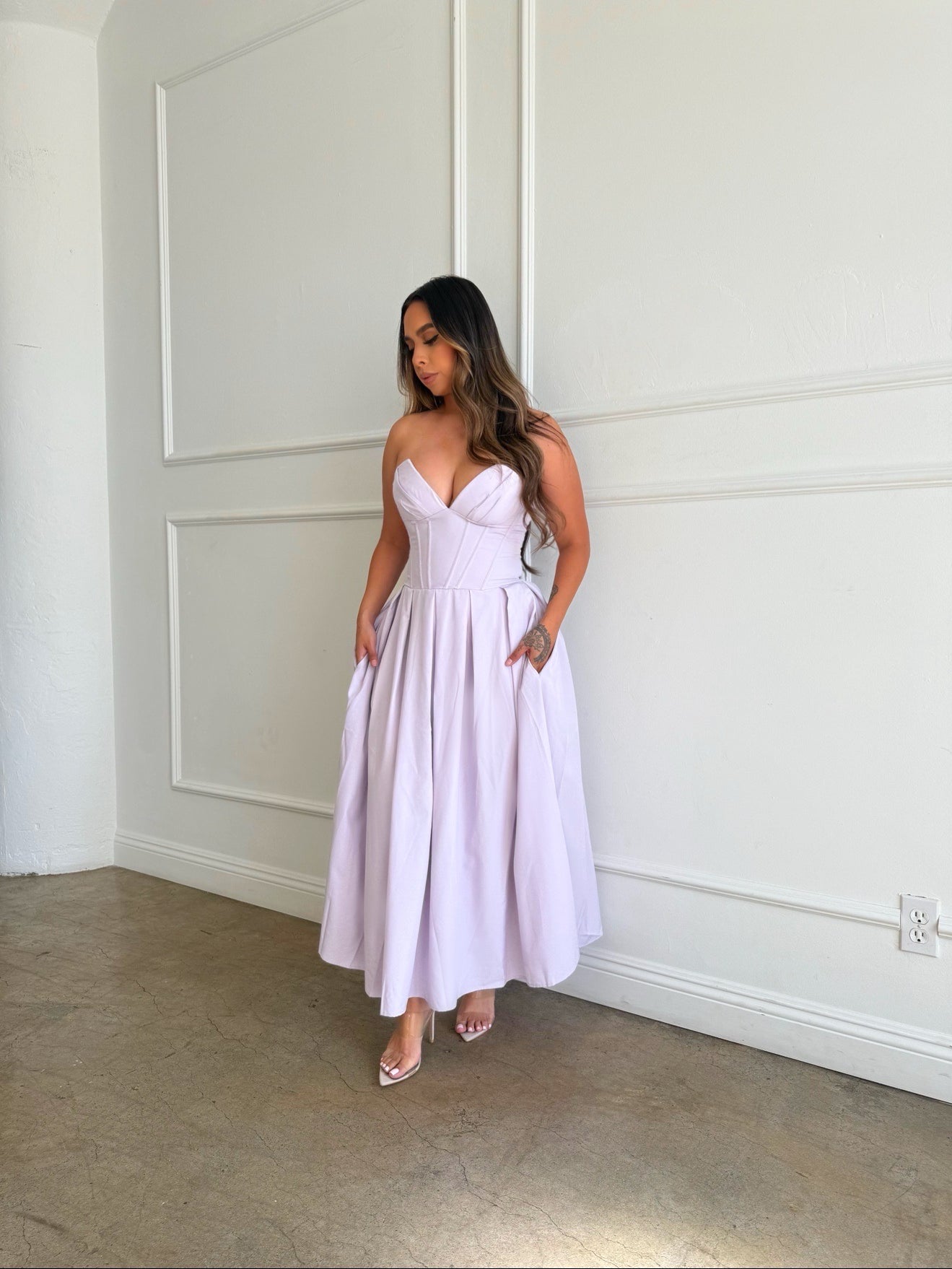 "Charlotte" Strapless Midi Dress - Lilac Purple