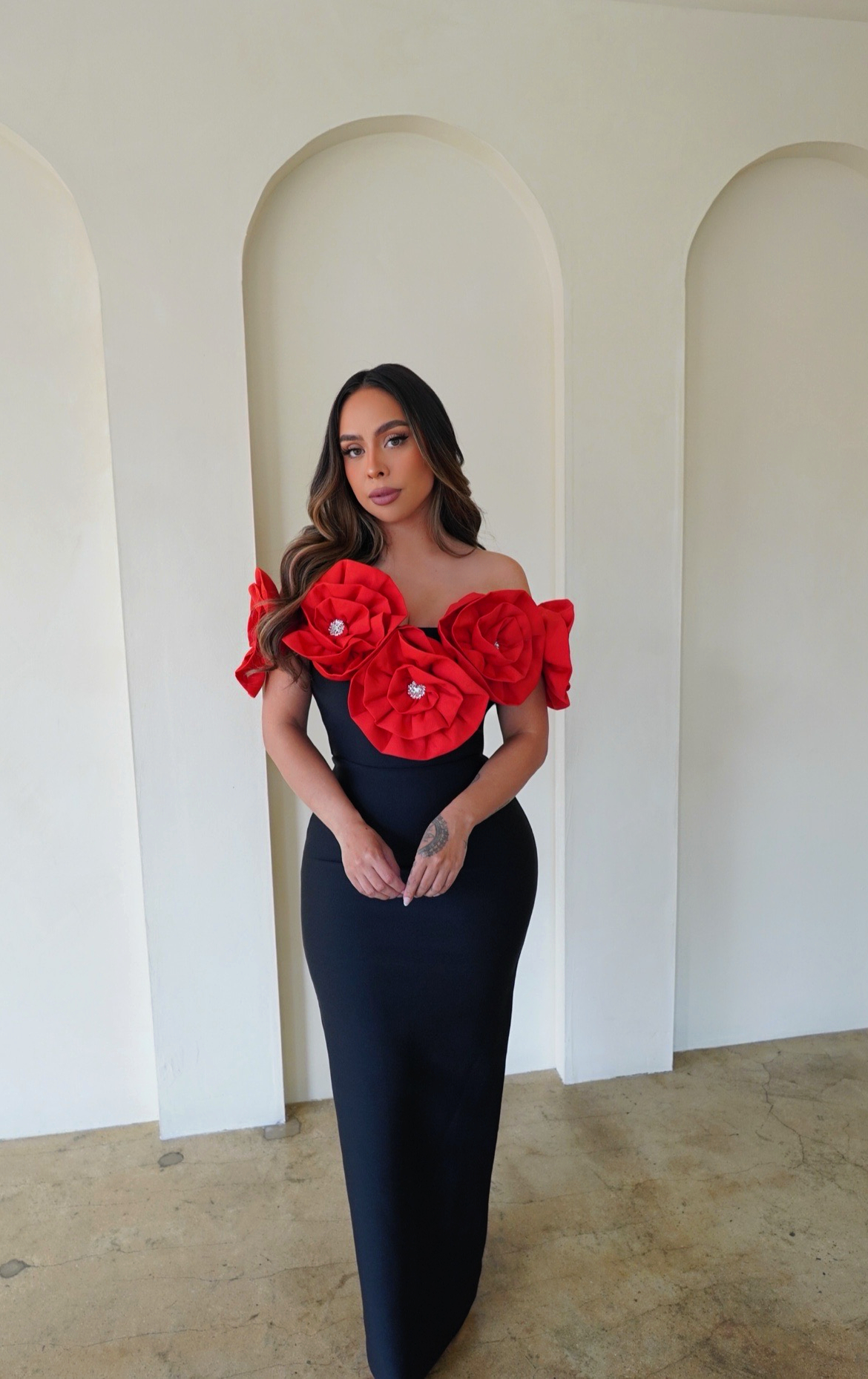 Katia Off Shoulder Flower detail Bandage Dress
