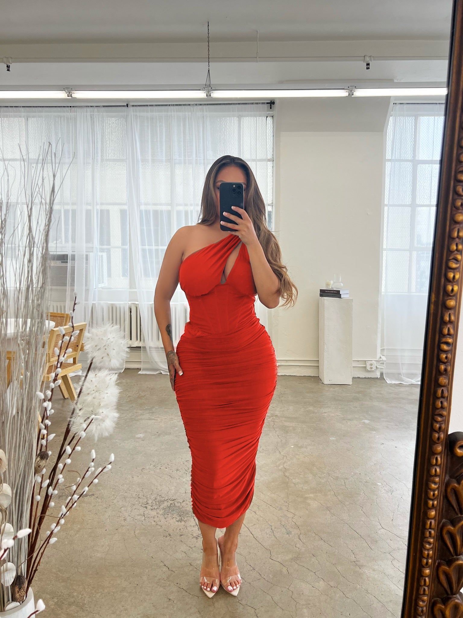 Ruched Bodycon Midi Dress- Red M