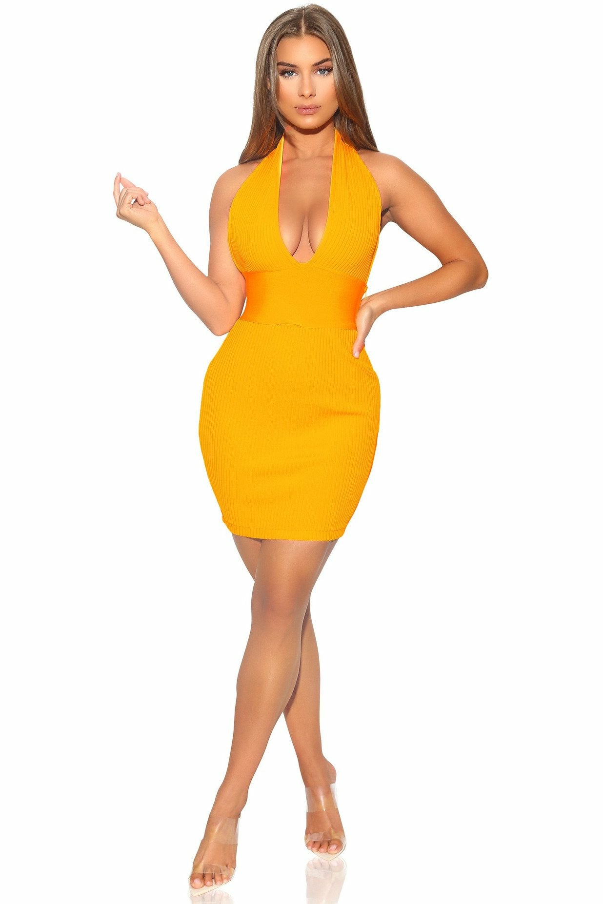 Ivanna Halter Mini Bandage Dress- Tangarine M