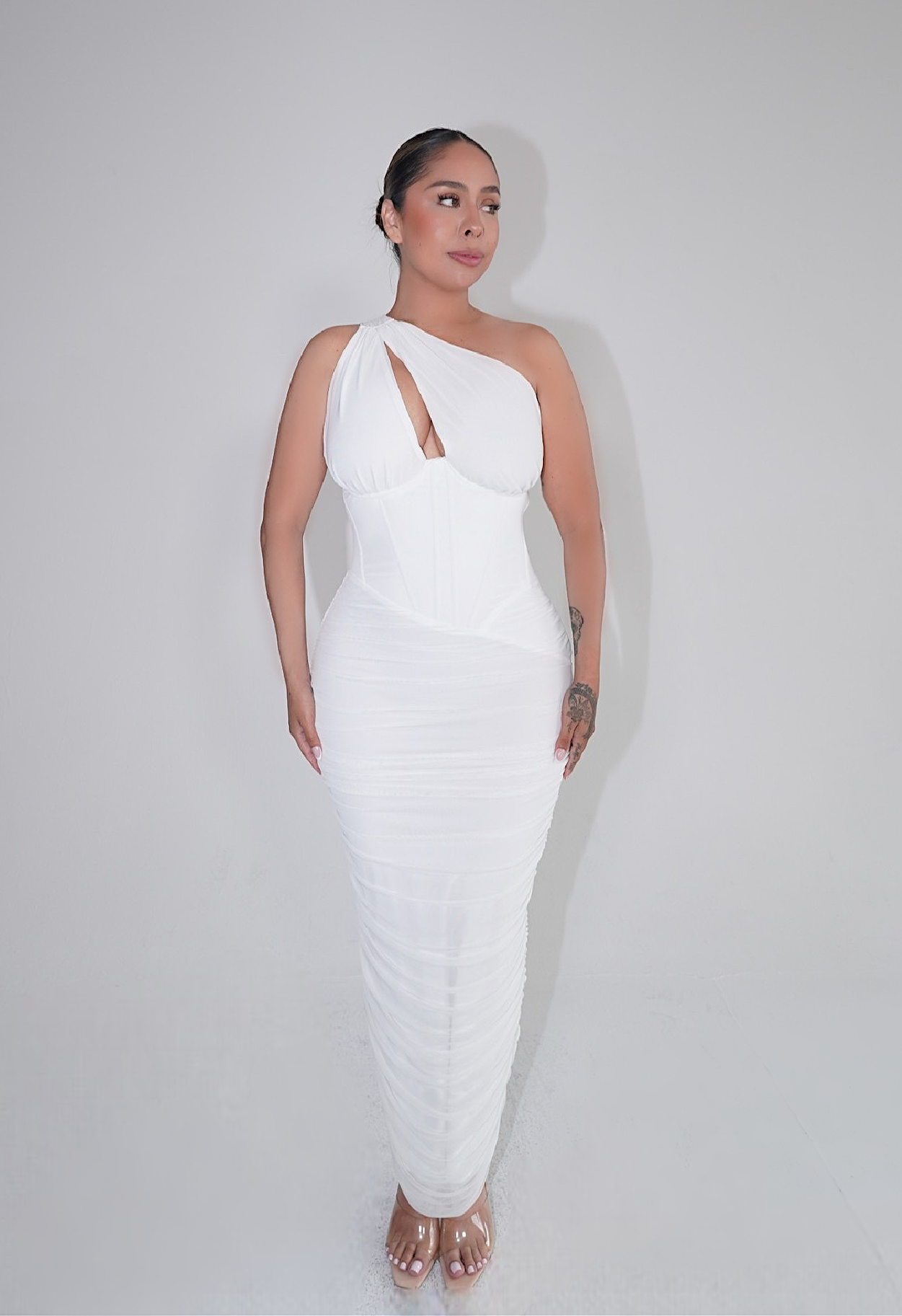 Izzy Ruched Bodycon Corset Midi Dress -White L