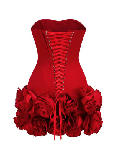 Coral Strapless Corset Floral Ruffle Dress- Red