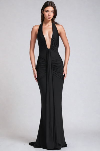Tiana Deep Neckline Maxi Halter Dress Black