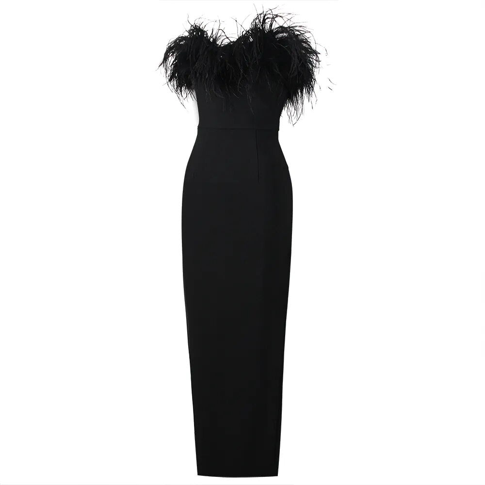 "Torya" Feather Trim Maxi Bandage Dress - Black