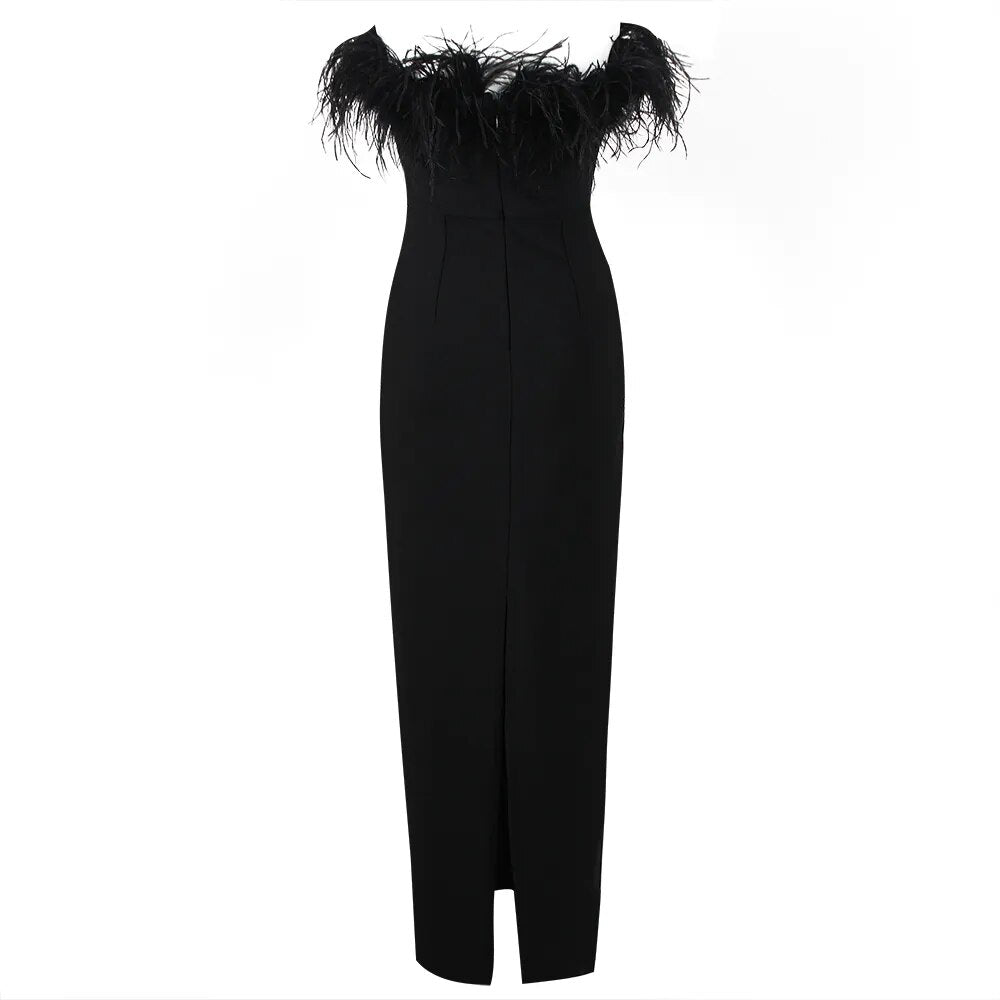 "Torya" Feather Trim Maxi Bandage Dress - Black