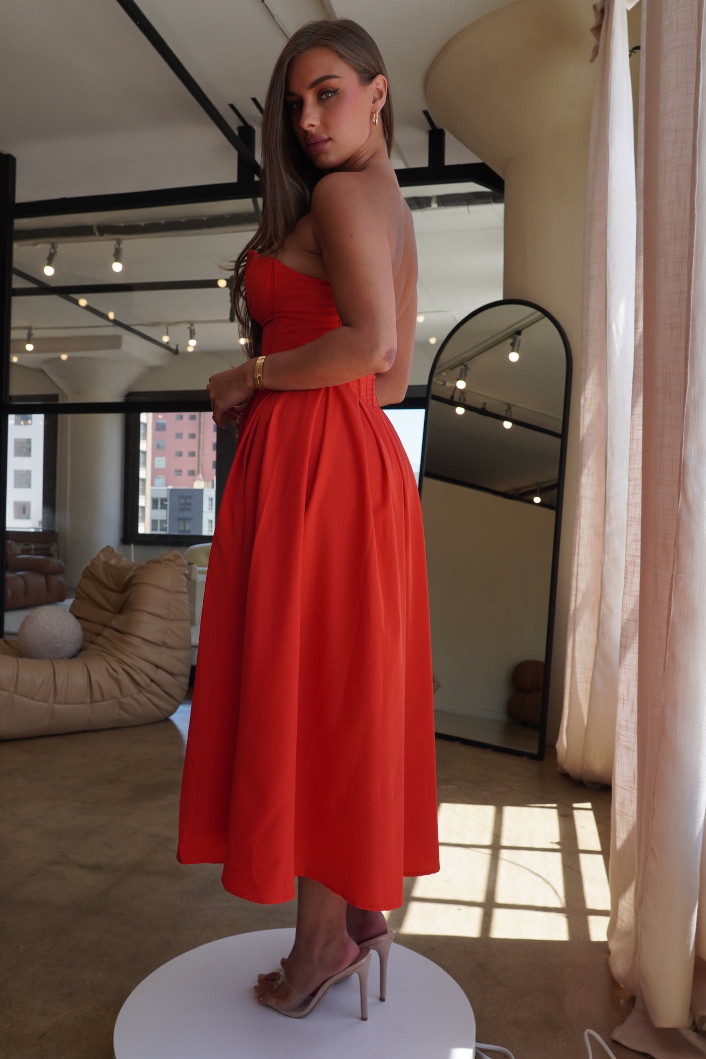 red strapless midi dress "Charlotte" Strapless Midi Dress