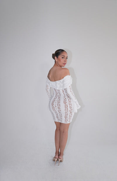 Suzzy Off Shoulder Mini Long Sleeve Dress- White