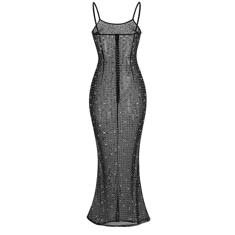 "Becky" Sheer Luxury Diamond Maxi Dress - Black
