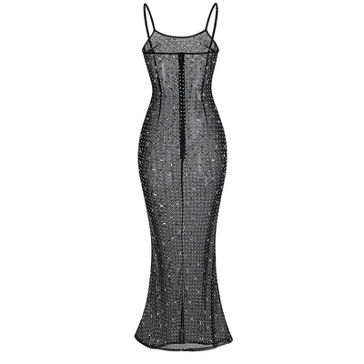 "Becky" Sheer Luxury Diamond Maxi Dress - Black