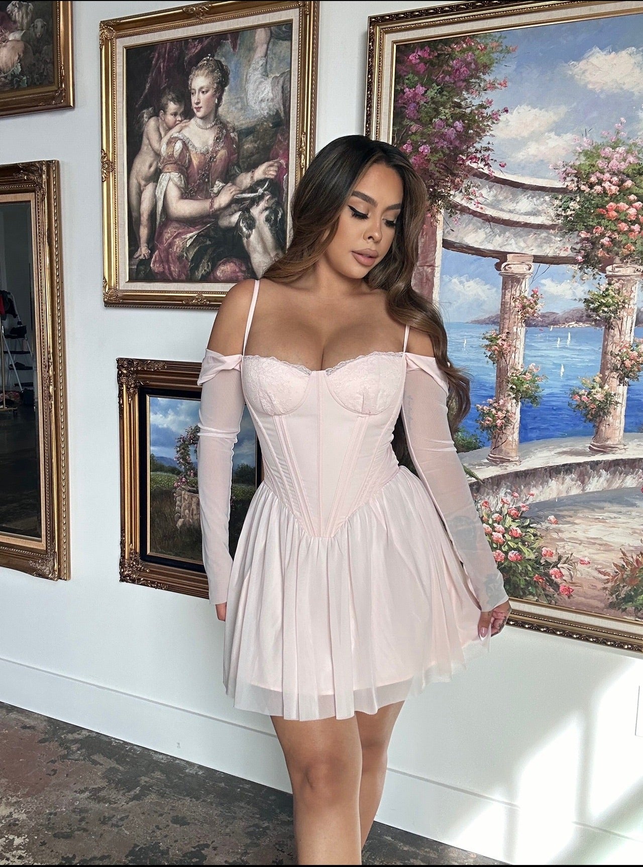 Cora Long Sleeve Mini Corset Dress - Soft Pink Cora Long Sleeve Mini Corset Dress - Soft Pink