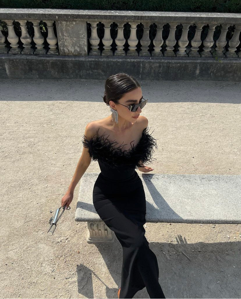 black dress feather trim 