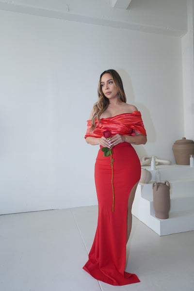 "Vivian" Off Shoulder Detailed Front Slit Gown -Red