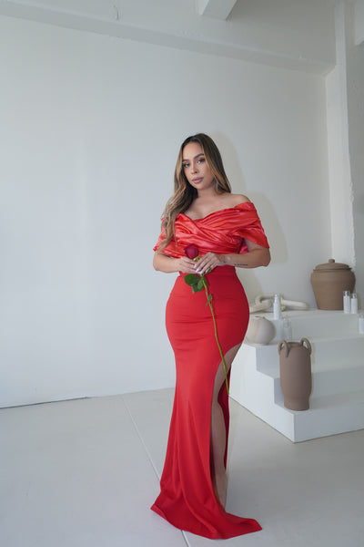 "Vivian" Off Shoulder Detailed Front Slit Gown -Red