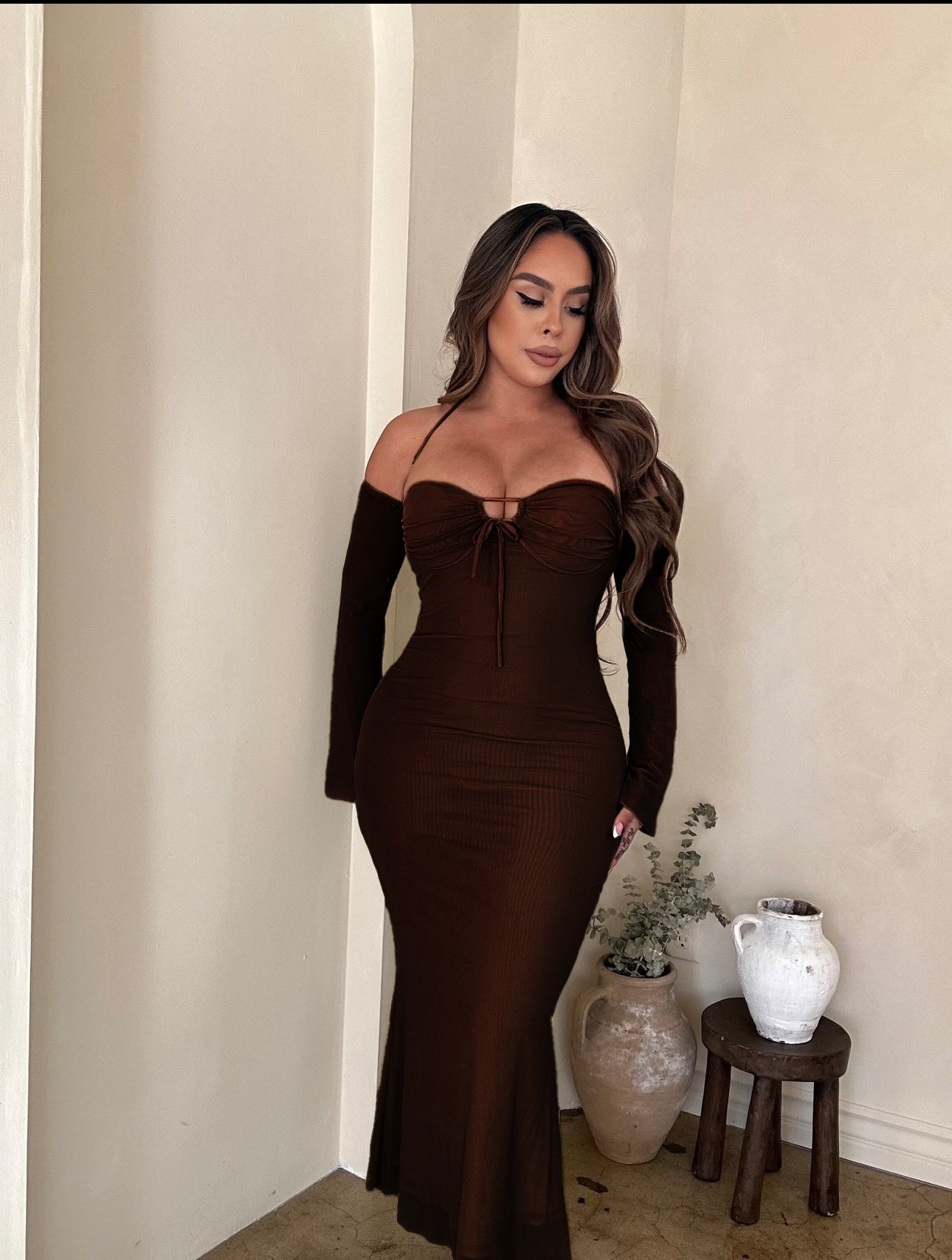 Elia Halter Midi Dress - Chocolate Brown L Elia Halter Midi Dress - Chocolate Brown L
