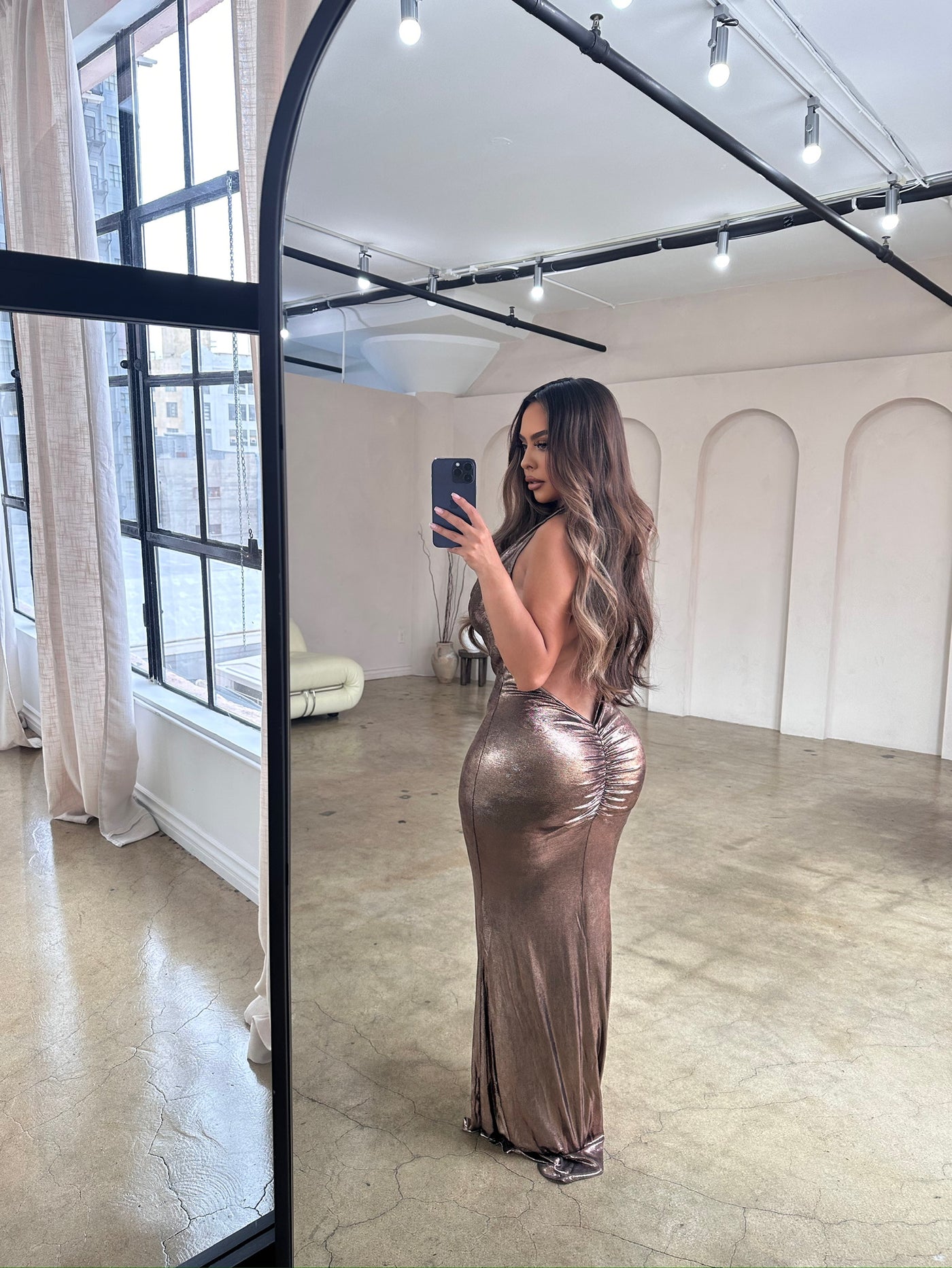 “Constansa” Backless Shimmer Gown -Copper