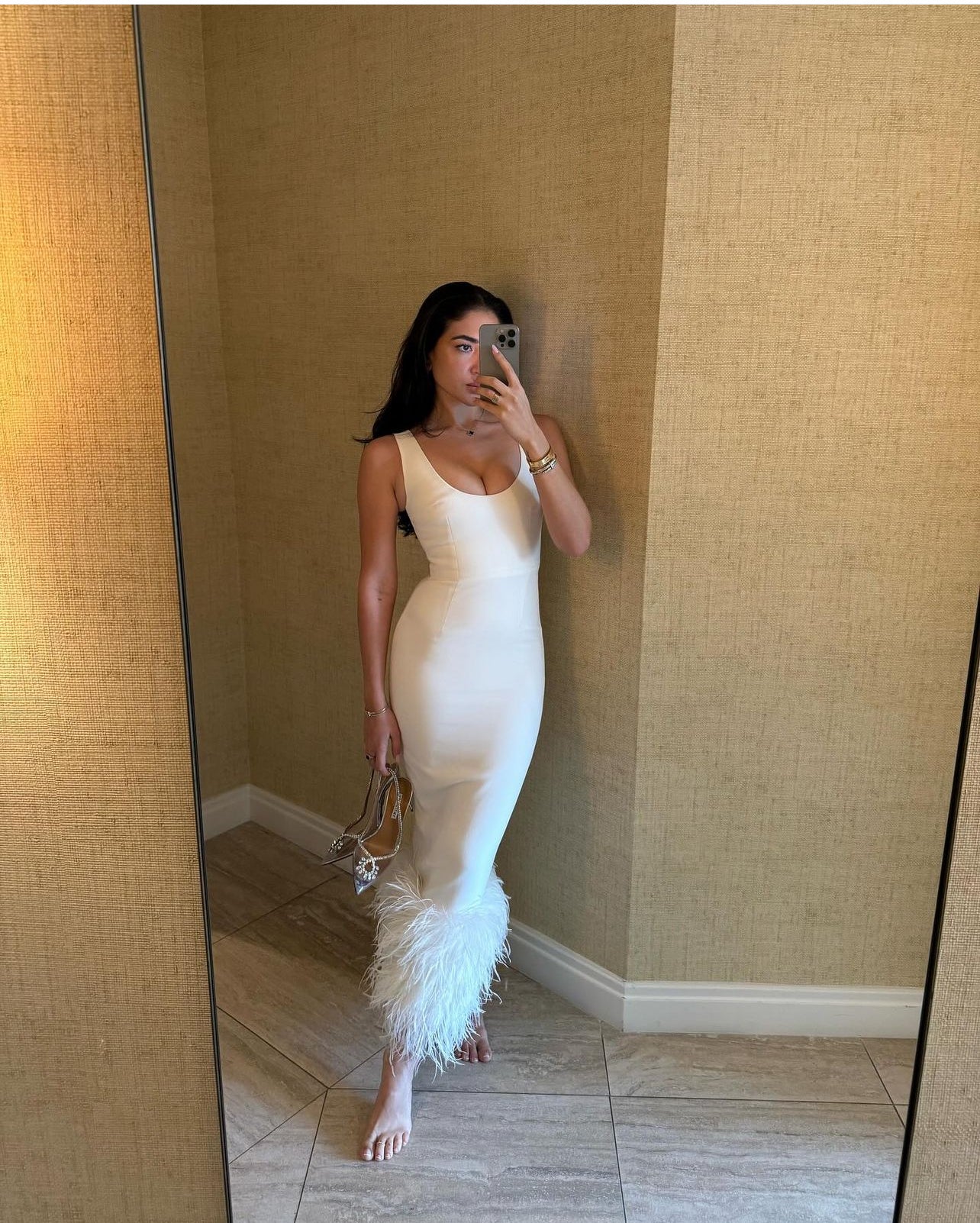 white feather dress midi Likely Women's Aurora Feather Trim Midi Gown - White