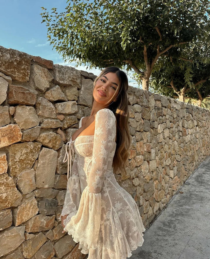 Monna Lace Long Sleeve Mini Dress - Cream White Monna Lace Long Sleeve Mini Dress - Cream White