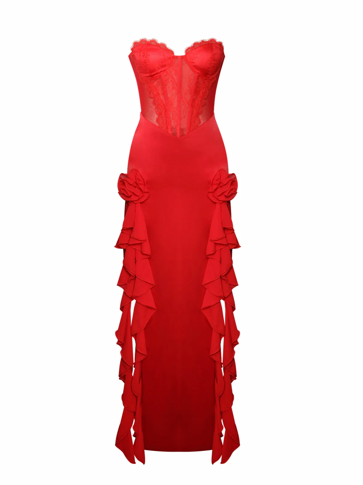 "Gretel" Lace Corset Ruffle Satin Gown - Red