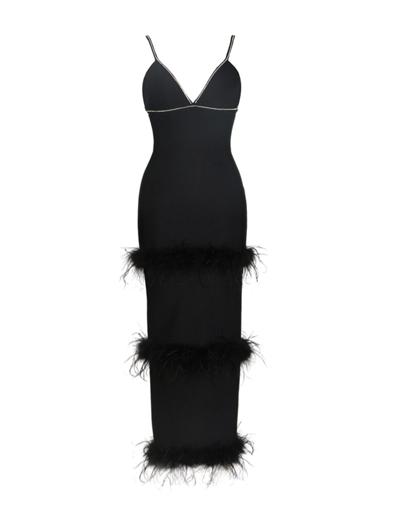 "Tarielle"  Crystal Maxi Feather Trim Bandage Dress - Black