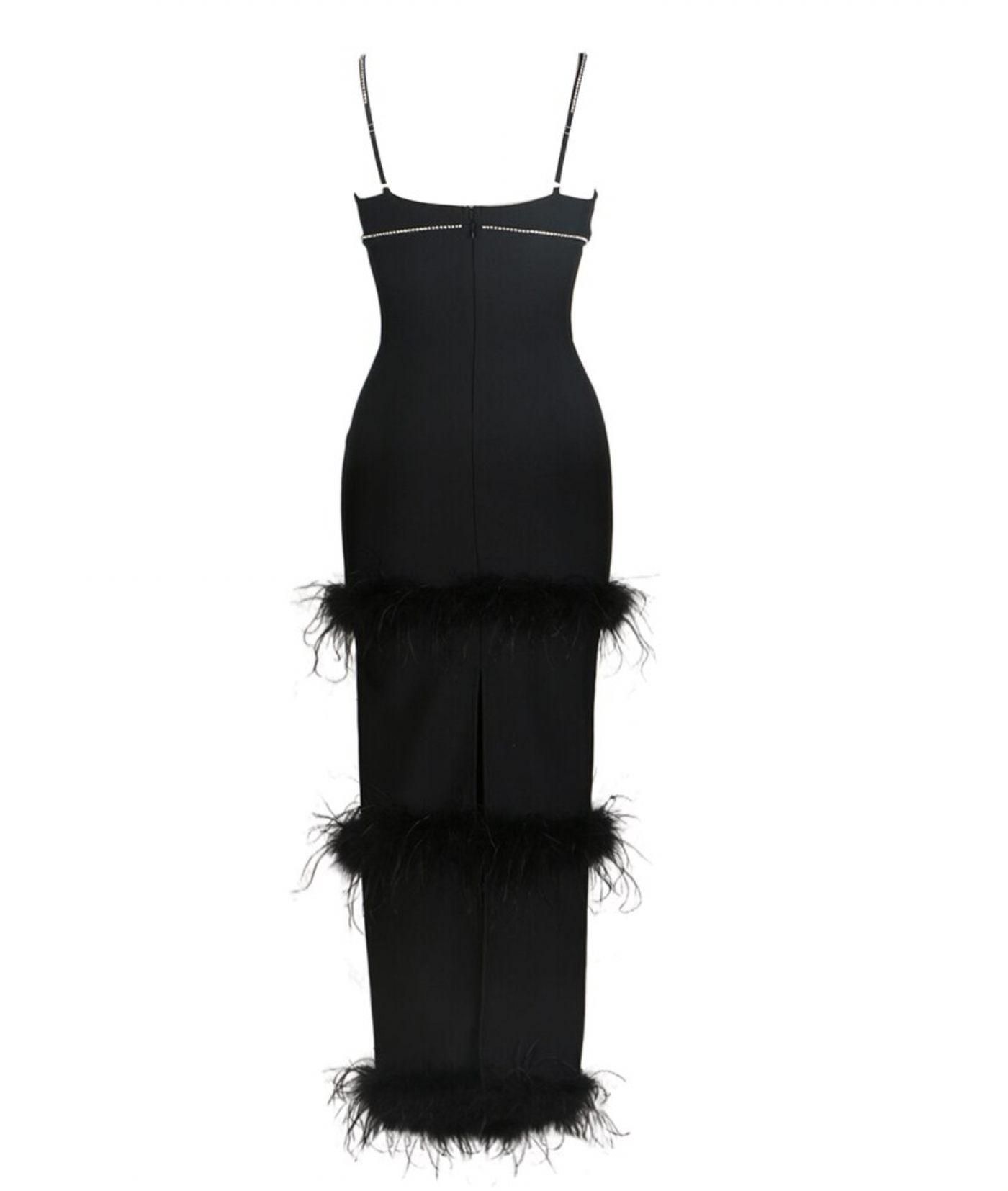 "Tarielle" Crystal Maxi Feather Trim Bandage Dress - Black "Tarielle" Crystal Maxi Feather Trim Bandage Dress - Black