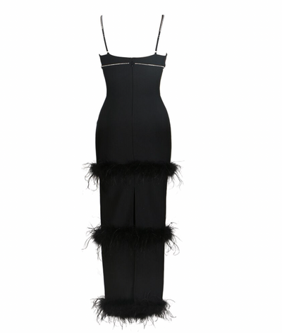 "Tarielle"  Crystal Maxi Feather Trim Bandage Dress - Black