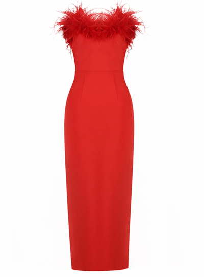"Torya" Feather Trim Maxi Bandage Dress - Red