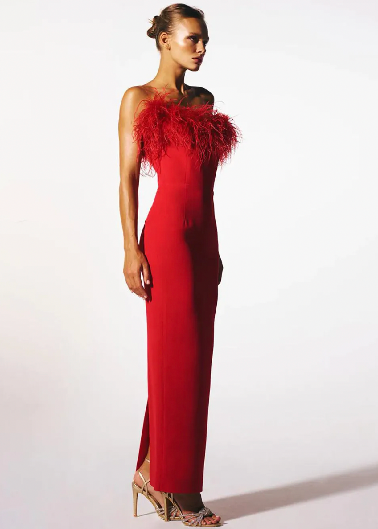"Torya" Feather Trim Maxi Bandage Dress - Red