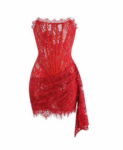 "Jackie" Corset Lace Draped Dress - Red