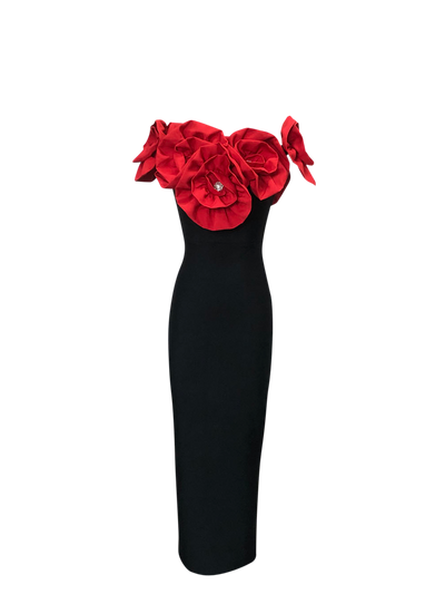 "Katia" Off Shoulder Flower detail Bandage Dress - Black