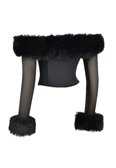 "Emery" Fur detailed corset top- Black