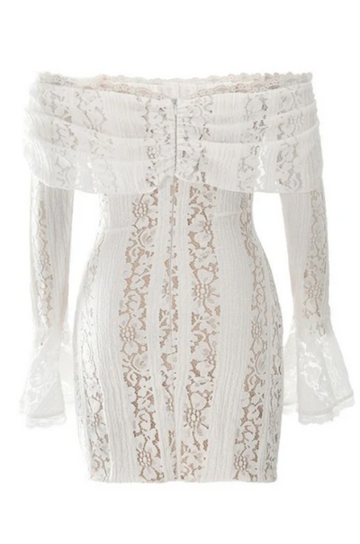 Suzzy Off Shoulder Mini Long Sleeve Dress- White