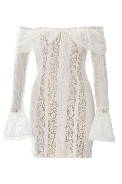 Suzzy Off Shoulder Mini Long Sleeve Dress- White