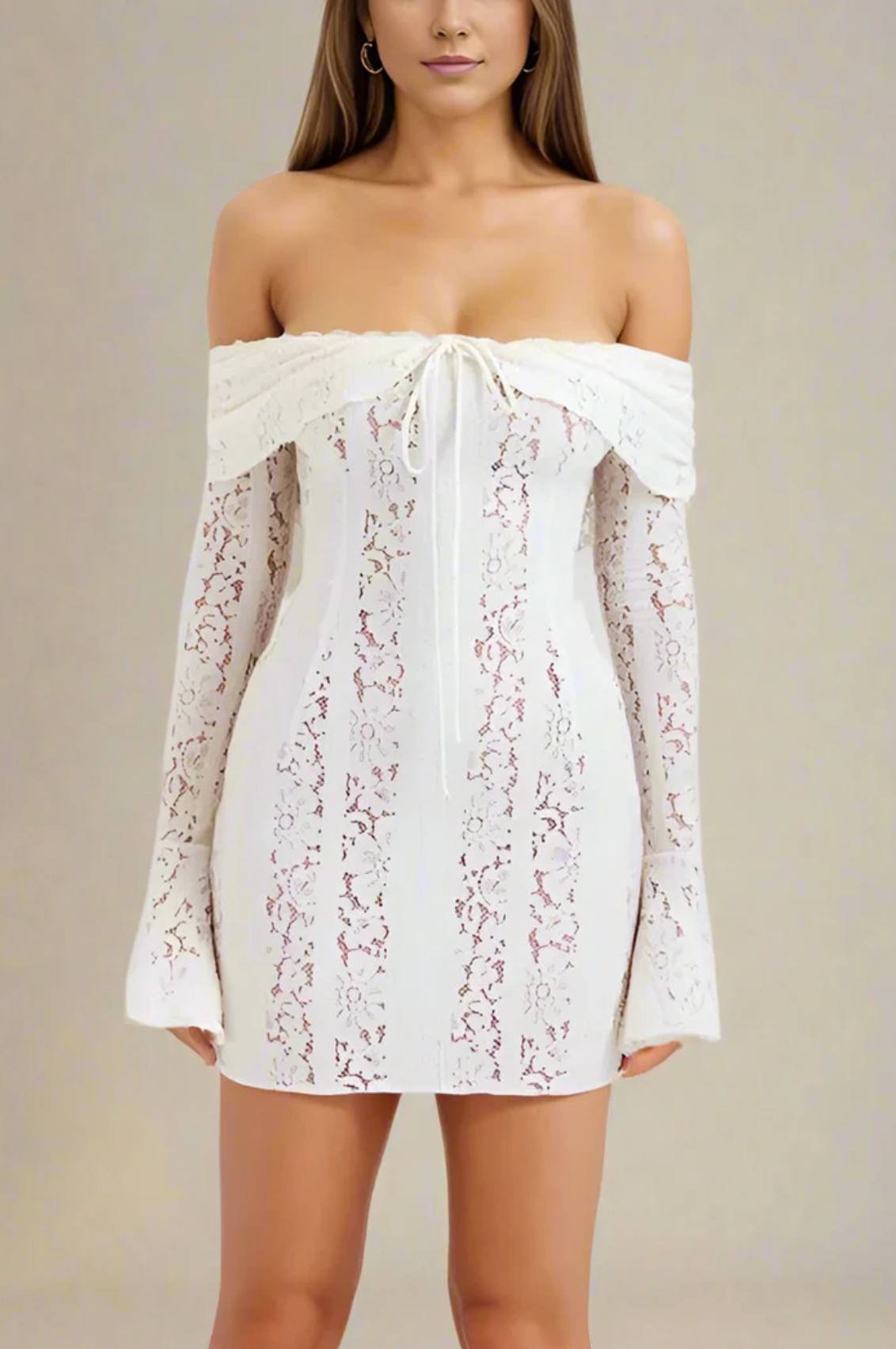 Suzzy Off Shoulder Mini Long Sleeve Dress- White