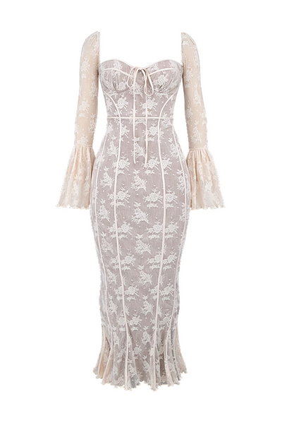 "Dhelia" Vintage Print Lace Maxi Dress- Cream White