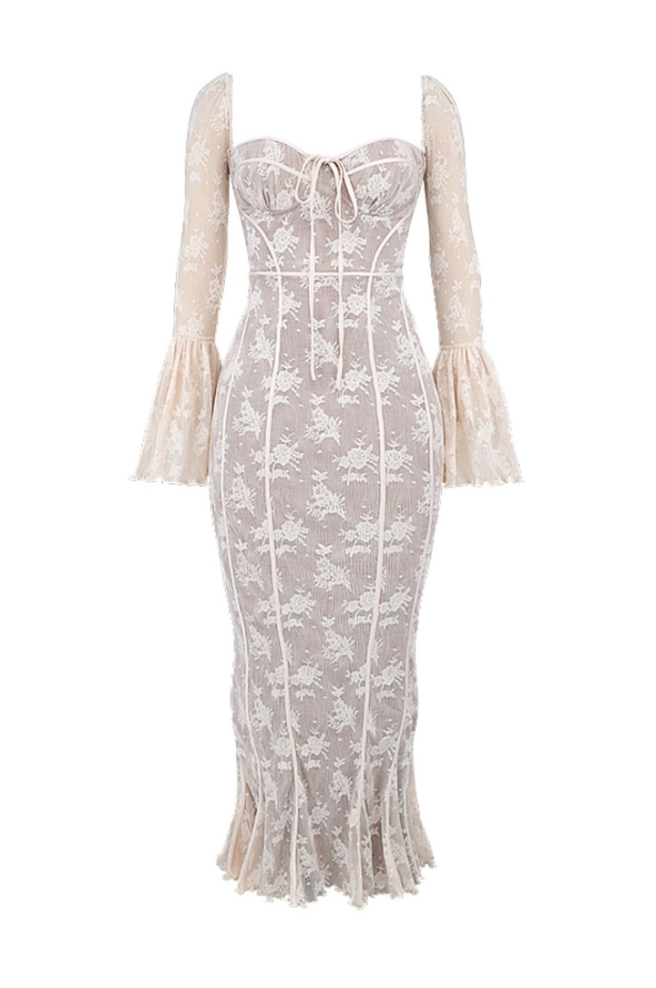 Dhelia Vintage Print Lace Maxi Dress- Cream White XS Dhelia Vintage Print Lace Maxi Dress- Cream White XS