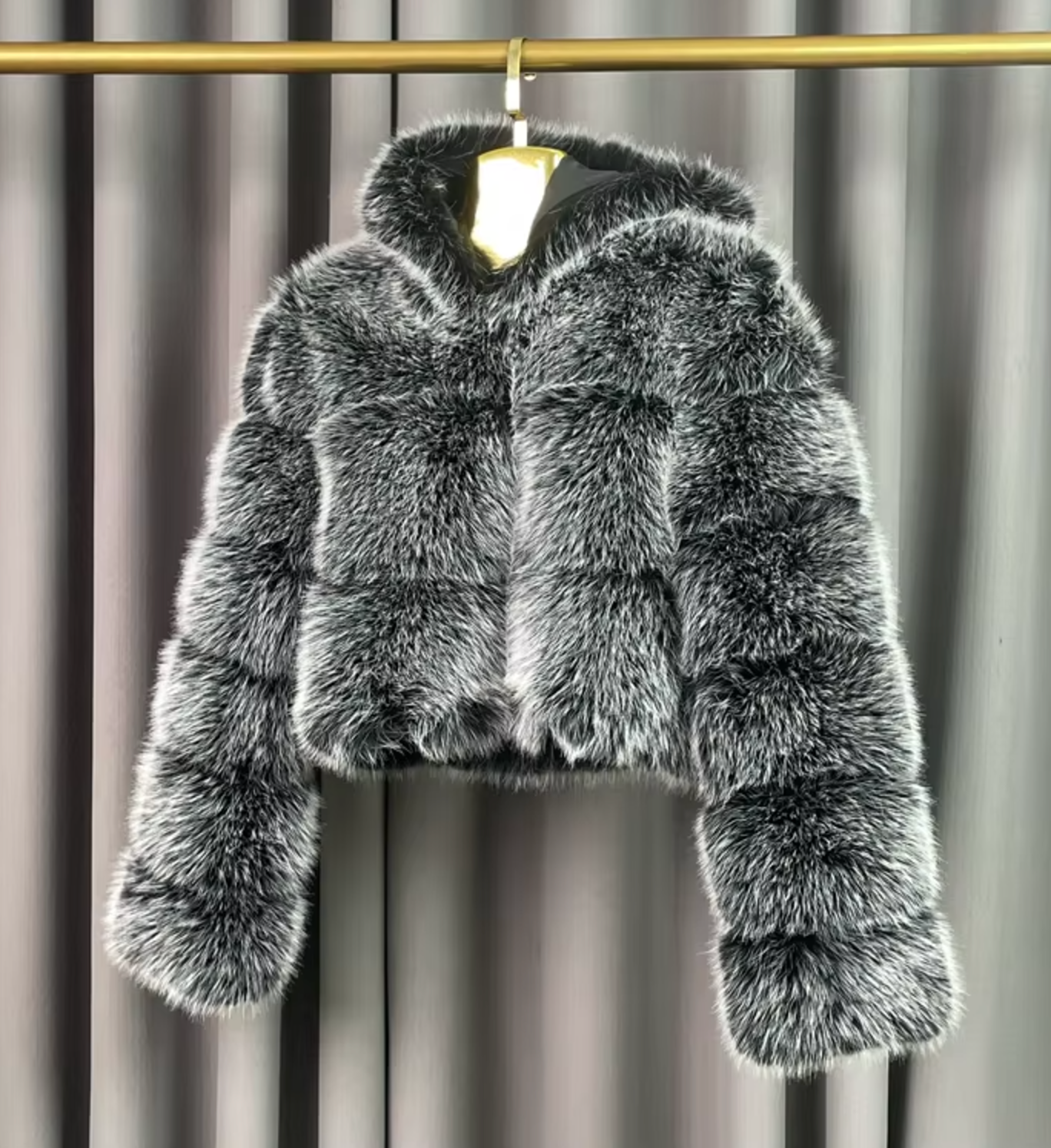 "Aspen"  Cropped Faux Fur Hooded Jacket- Black & Grey