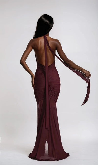 Julissa Layered Maxi Backless Halter Dress -Wine Red