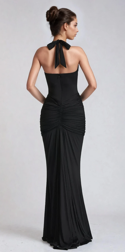 Tiana Deep Neckline Maxi Halter Dress Black