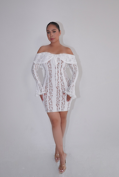 Suzzy Off Shoulder Mini Long Sleeve Dress- White