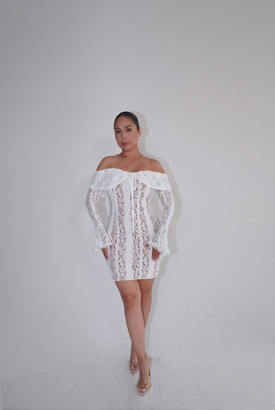 Suzzy Off Shoulder Mini Long Sleeve Dress- White