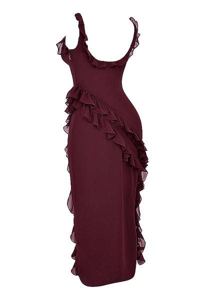 Monica Ruffle Front Slit Dress - Brown