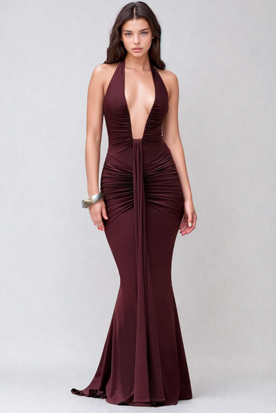Tiana Deep Neckline Maxi Halter Dress -Wine Red