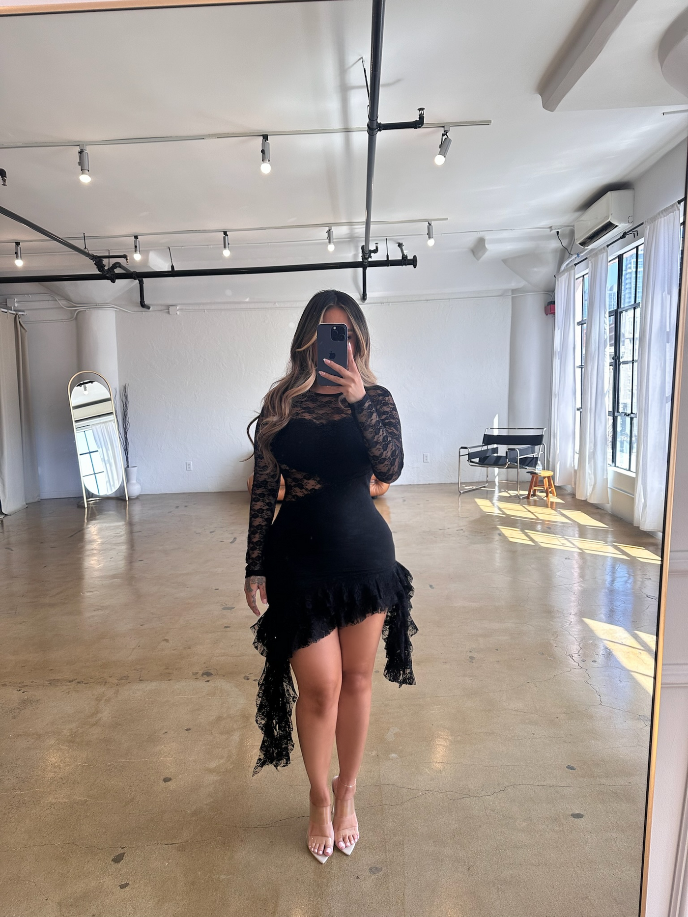 "Kate" Long Sleeve Backless Ruffle Midi Dress - Black