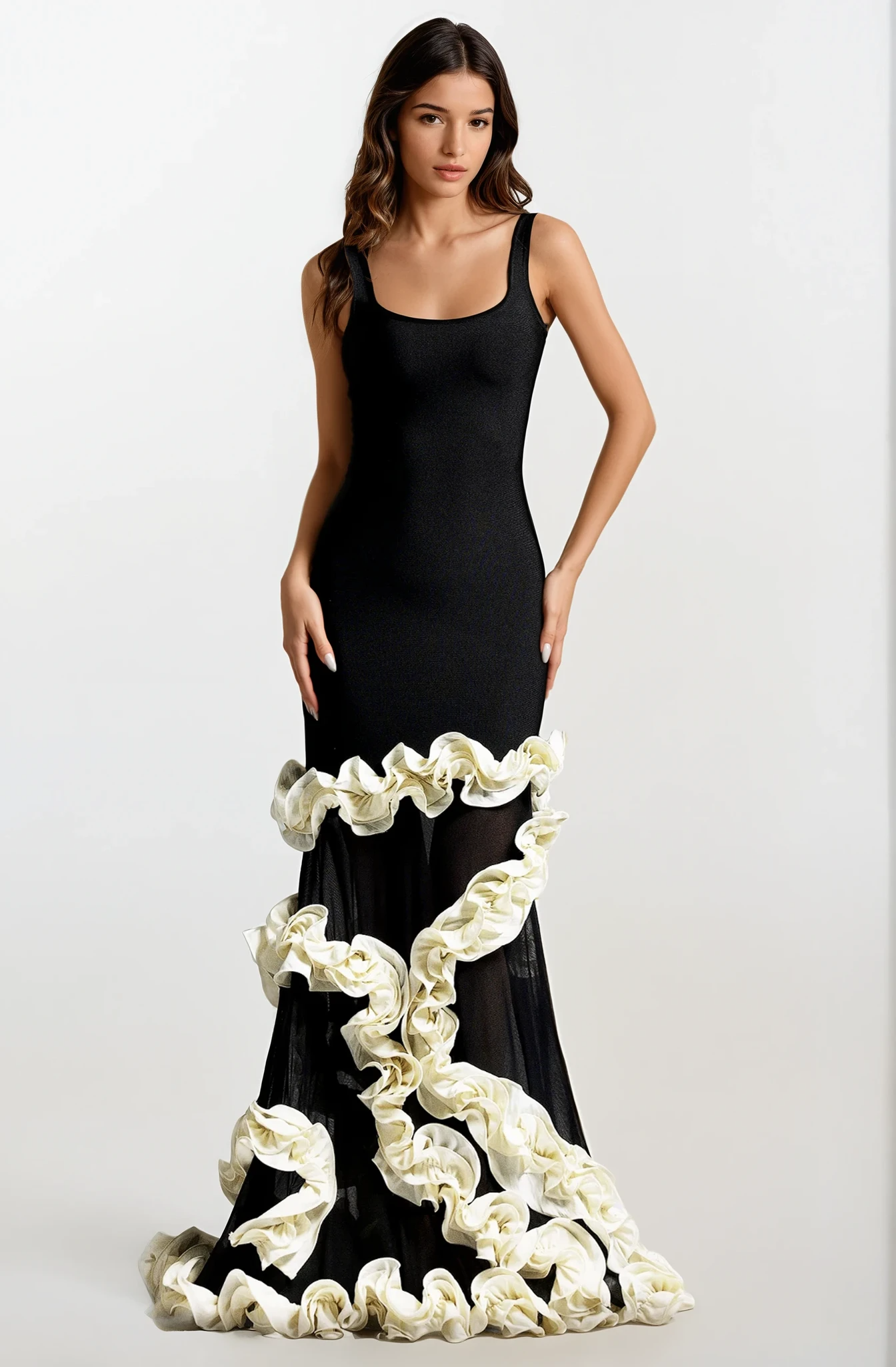Nilani Maxi Lace Trim Bandage Dress -Black