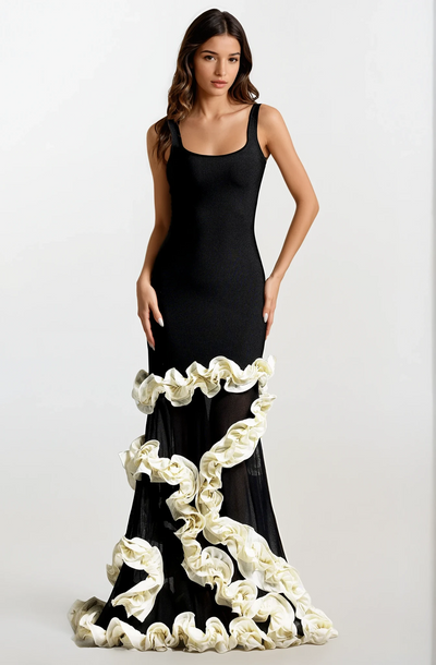 Nilani Maxi Lace Trim Bandage Dress -Black