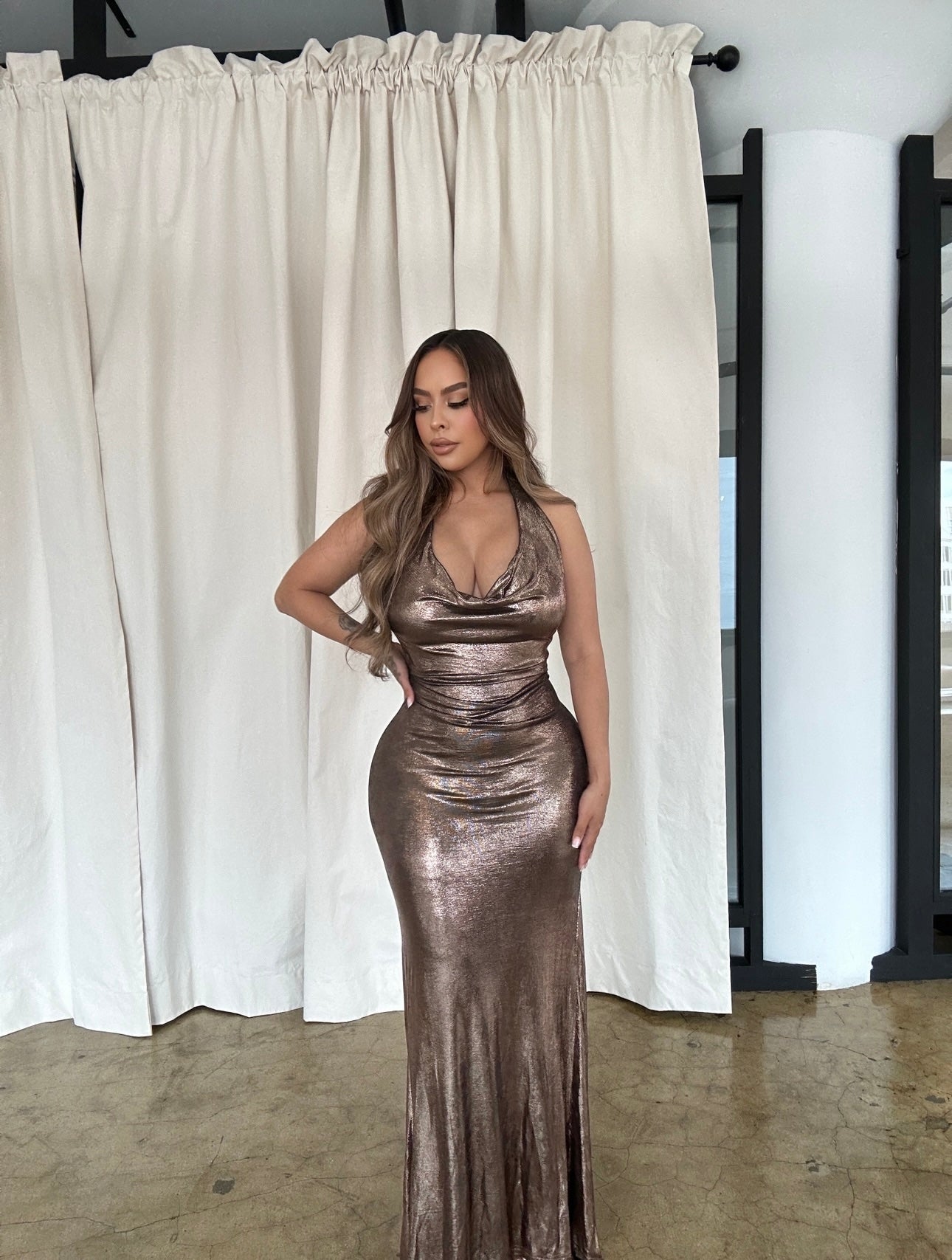 “Constansa” Backless Shimmer Gown -Copper