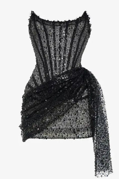 "Jackie" Corset Lace  Draped Dress- Sequin Black