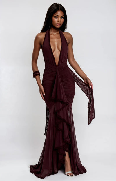 Julissa Layered Maxi Backless Halter Dress -Wine Red